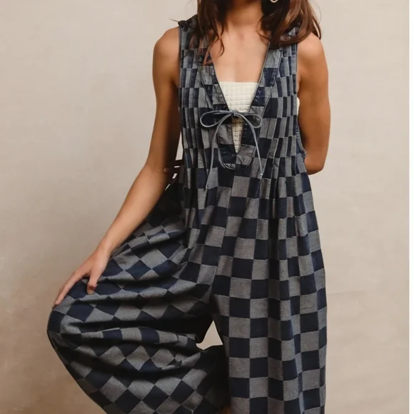 NWOT BiBi Dark And Light Blue Checkered Jumpsuit Oversized Small - Picture 2 of 10